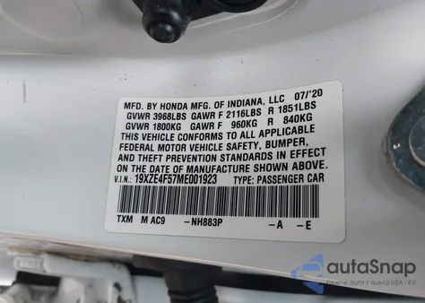 2021 Honda Insight Ex из США, поврежденный, VIN 19XZE4F57ME001923